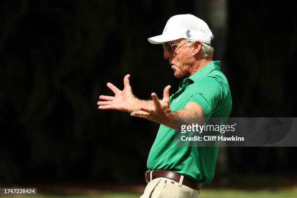 Golf CEO, Greg Norman reacts on the driving range on Day One of the LIV Golf Invitational - Miami at Trump National Doral Miami on October 20, 2023...