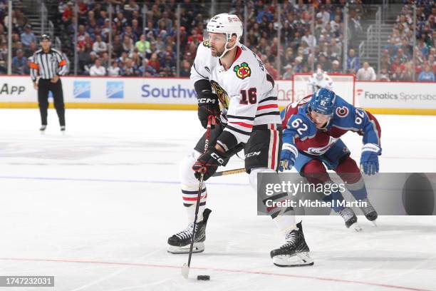 Jason Dickinson of the Chicago Blackhawks skates during a game against the Colorado Avalanche at Ball Arena on October 19, 2023 in Denver, Colorado.