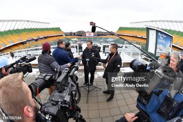 Steve Mayer, NHL Chief Content Officer addresses the media at Commonwealth Stadium in advance of the 2023 Tim Hortons NHL Heritage Classic on October...