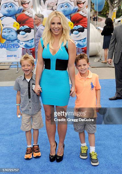 Singer Britney Spears and sons Sean Federline and Jayden James Federline arrive at the Los Angeles premiere of "Smurfs 2" at Regency Village Theatre...
