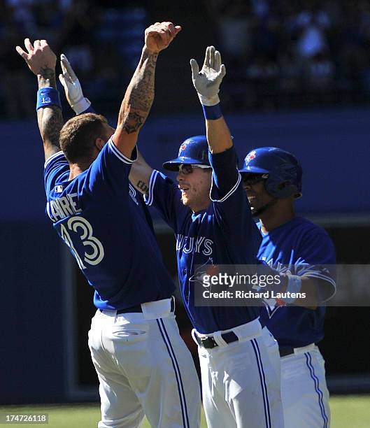 Toronto Blue Jays third baseman Brett Lawrie celebrates the winning hit by Toronto Blue Jays center fielder Colby Rasmus . The Toronto Blue Jays beat...