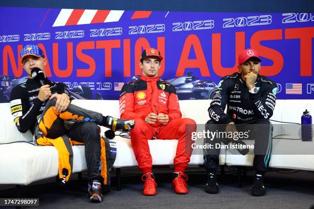 Pole position qualifier Charles Leclerc of Monaco and Ferrari, Second placed qualifier Lando Norris of Great Britain and McLaren and third placed...