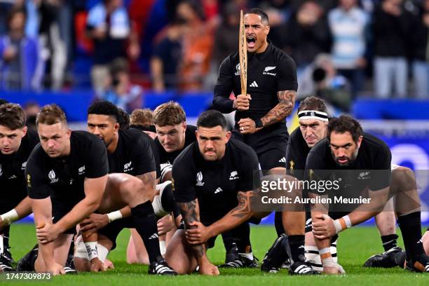 Aaron Smith New Zealand performs the Haka before the Rugby World Cup France 2023 semi-final match between Argentina and New Zealand at Stade de...