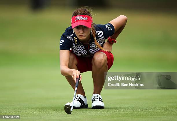 Klara Spilkova of Czech Republic lines up a putt on the th hole during the ISPS Handa Ladies British Masters at Buckinghamshire Golf Club on July 28,...