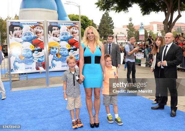 Singer Britney Spears , sons Sean Federline, and Jayden James Federline attend the premiere of Columbia Pictures' 'Smurfs 2' at Regency Village...