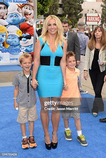 Singer Britney Spears , sons Sean Federline, and Jayden James Federline attend the premiere of Columbia Pictures' 'Smurfs 2' at Regency Village...