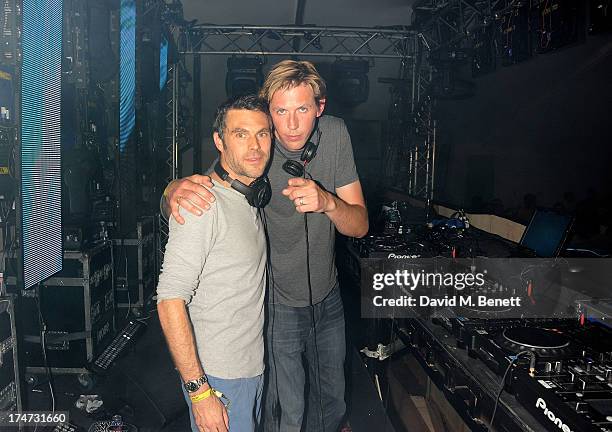 Tom Findlay and Andy Cato of Groove Armada perform at the Boujis Party at the Audi International Polo day at Guards Polo Club on July 28, 2013 in...