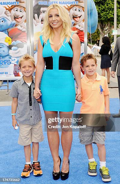 Singer Britney Spears, son Sean Federline and son Jayden Federline arrive at the Los Angeles Premiere "Smurfs 2" at Regency Village Theatre on July...