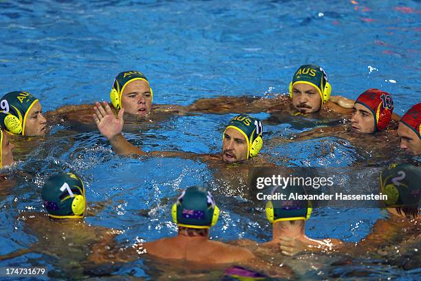 Rhys Howden, team captain of Australia reacts to his team mates prior the Men's Water Polo quarterfinals qualification match between Germany and...