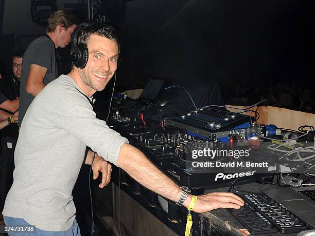Tom Findlay and Andy Cato of Groove Armada perform at the Boujis Party at the Audi International Polo day at Guards Polo Club on July 28, 2013 in...