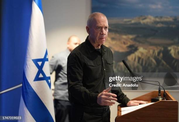Israeli Defense Minister Yoav Gallant speak during a press conference in Tel Aviv, Israel on October 25, 2023. Gallant said Thursday a planned ground...