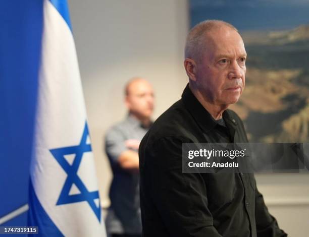 Israeli Defense Minister Yoav Gallant speak during a press conference in Tel Aviv, Israel on October 25, 2023. Gallant said Thursday a planned ground...