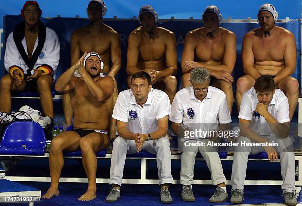 Nebojsa Novoselac , head coach of Germany reacts during the Men's Water Polo quarterfinals qualification match between Germany and Australia during...