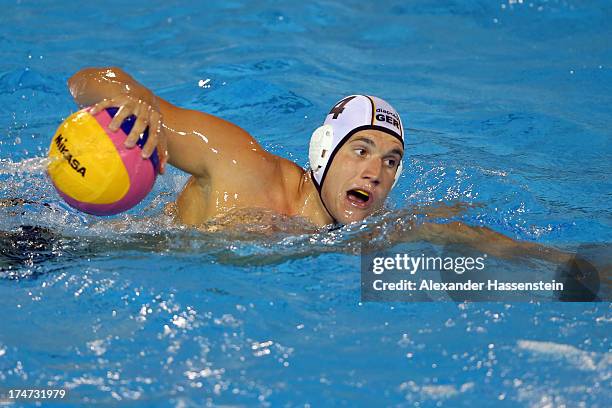 Julian Real of Germany during the Men's Water Polo quarterfinals qualification match between Germany and Australia during day nine of the 15th FINA...