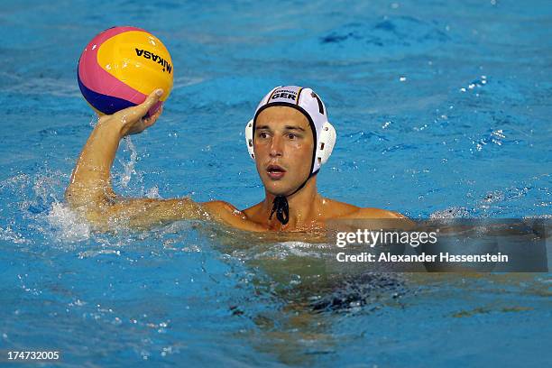 Moritz Oeler of Germany during the Men's Water Polo quarterfinals qualification match between Germany and Australia during day nine of the 15th FINA...