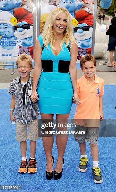 Singer Britney Spears, sons Sean Federline and Jayden James Federline arrive at the Los Angeles premiere of "Smurfs 2" at Regency Village Theatre on...