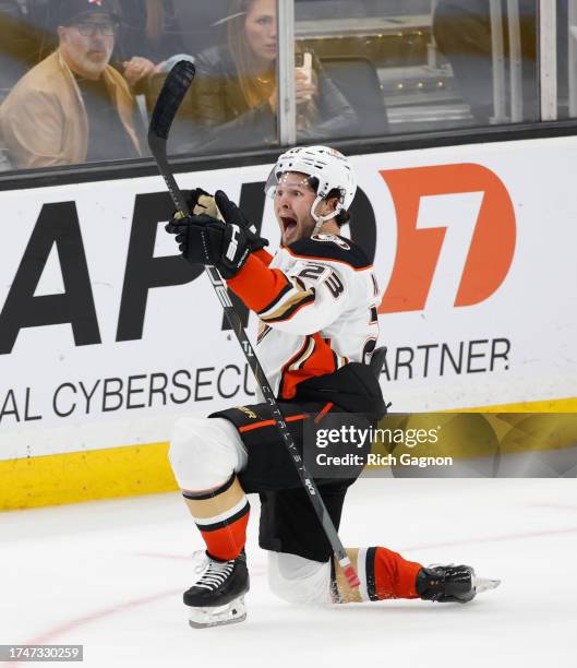 Mason McTavish of the Anaheim Ducks celebrates his overtime winning goal against the Boston Bruins at the TD Garden on October 26, 2023 in Boston,...