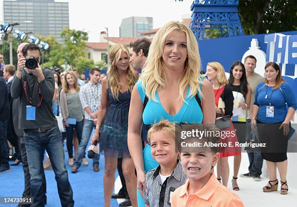 Singer Britney Spears with sons Jayden Federline and Sean Federline attend the premiere Of Columbia Pictures' "Smurfs 2" at Regency Village Theatre...