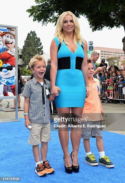 Singer Britney Spears with sons Jayden Federline and Sean Federline attend the premiere Of Columbia Pictures' "Smurfs 2" at Regency Village Theatre...