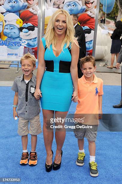 Singer Britney Spears, sons Sean Federline and Jayden James Federline arrive at the Los Angeles premiere of "Smurfs 2" at Regency Village Theatre on...