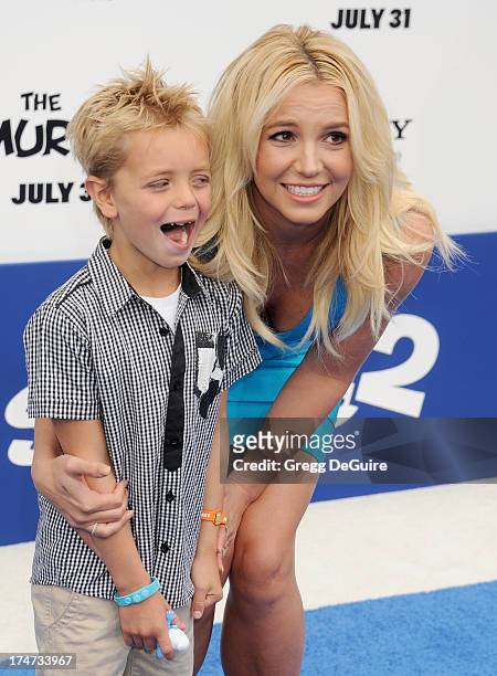 Singer Britney Spears and son Sean Federline arrive at the Los Angeles premiere of "Smurfs 2" at Regency Village Theatre on July 28, 2013 in...
