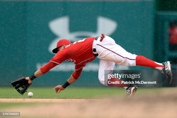 Ian Desmond of the Washington Nationals is unable to catch a single hit by Juan Lagares of the New York Mets in the ninth inning during a game at...