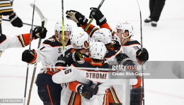 Troy Terry of the Anaheim Ducks celebrates his goal in the final fifteen seconds of regulation to tie the game against the Boston Bruins at the TD...