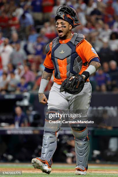 Martin Maldonado of the Houston Astros reacts against the Texas Rangers during the eighth inning in Game Five of the American League Championship...