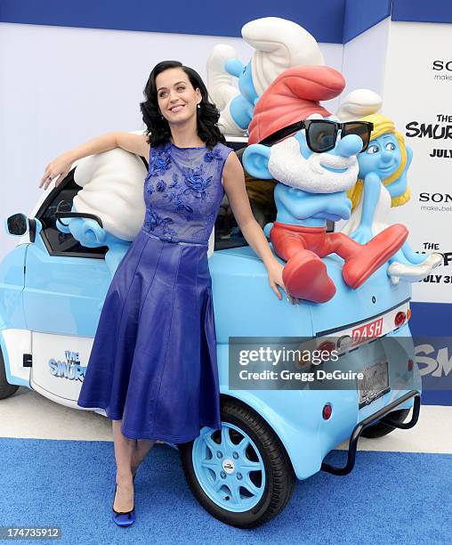 Singer Katy Perry arrives at the Los Angeles premiere of "Smurfs 2" at Regency Village Theatre on July 28, 2013 in Westwood, California.