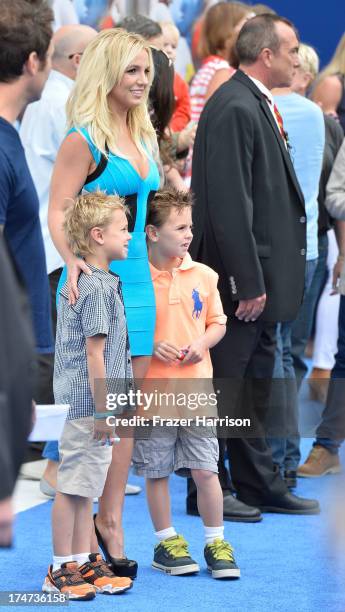 Singer Britney Spears , sons Sean Federline, and Jayden James Federline attend the premiere of Columbia Pictures' 'Smurfs 2' at Regency Village...