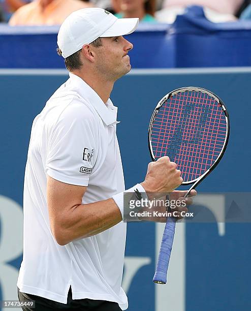 John Isner reacts after defeating Kevin Anderson of South Africa during the BB&T Atlanta Open in Atlantic Station on July 28, 2013 in Atlanta,...