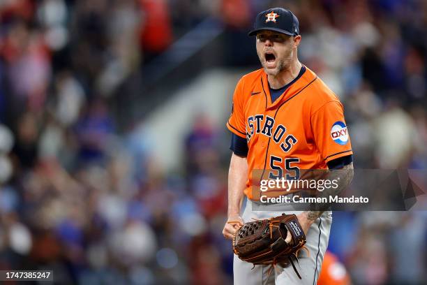 Ryan Pressly of the Houston Astros celebrates after striking out Evan Carter of the Texas Rangers to win Game Five of the American League...