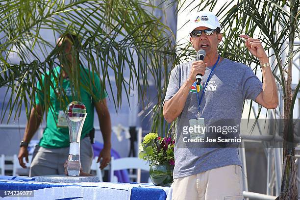 Producer and Creator of the ASICS World Series of Volleyball Leonard Armato speaks on stage after men's final match at the ASICS World Series Cup -...