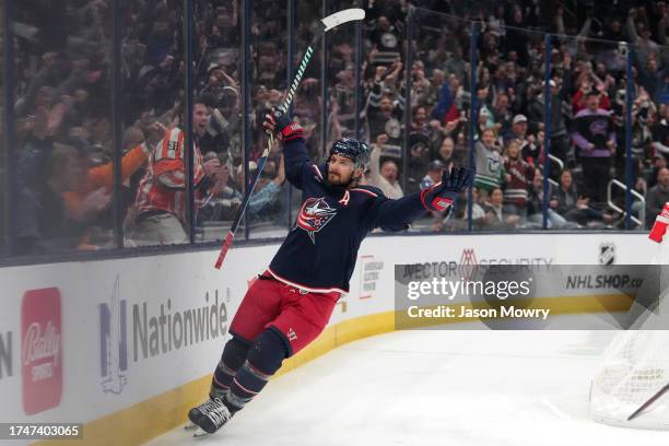 Sean Kuraly of the Columbus Blue Jackets celebrates a goal during the second period against the Calgary Flames at Nationwide Arena on October 20,...