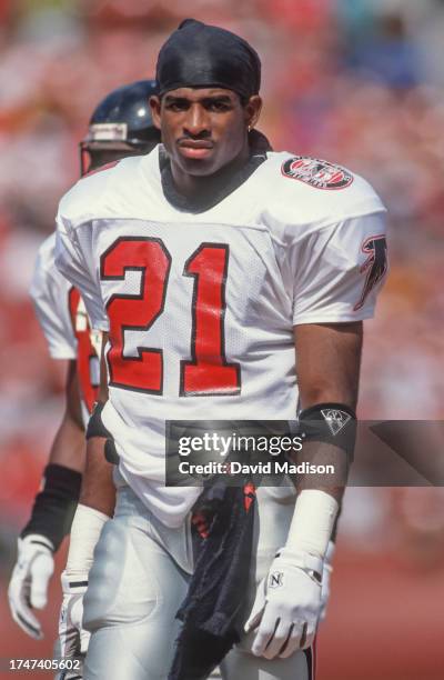 Deion Sanders of the Atlanta Falcons plays in an National Football League game against the San Francisco 49ers played on September 23, 1990 at...