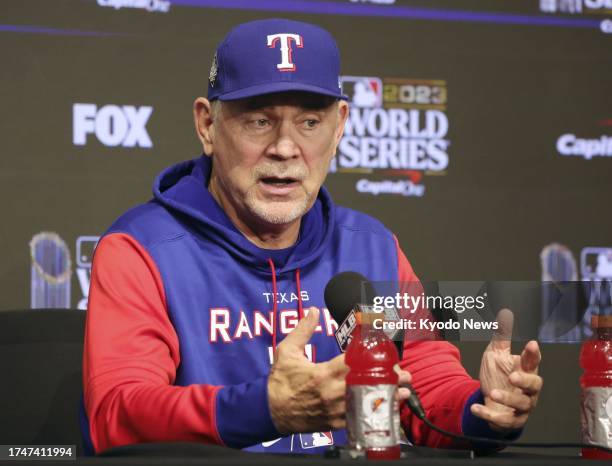 Texas Rangers manager Bruce Bochy speaks at a press conference in Arlington, Texas, on Oct. 26 a day before Game 1 of the World Series against the...