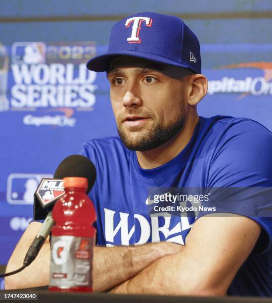 Texas Rangers pitcher Nathan Eovaldi attends a press conference in Arlington, Texas, on Oct. 26 a day before his start in Game 1 of the World Series...
