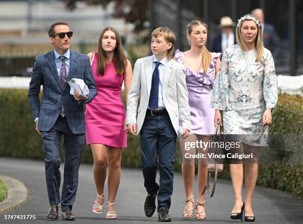 Champion jockey Damien Oliver arriving for his last Caulfield Cup Day with his family during Melbourne Racing at Caulfield Racecourse on October 21,...