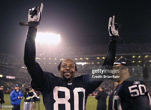 Wide receiver Jerry Rice of the Oakland Raiders celebrates after defeating the Tennessee Titans in the AFC Championship game at Network Associates...