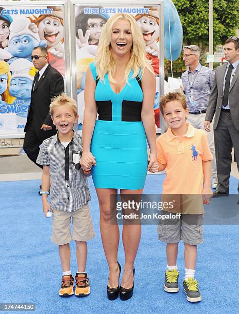 Singer Britney Spears, son Sean Federline and son Jayden Federline arrive at the Los Angeles Premiere "Smurfs 2" at Regency Village Theatre on July...