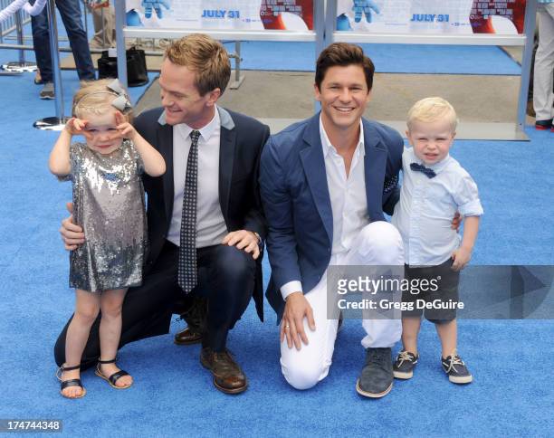 Actor Neil Patrick Harris, David Burtka and kids Harper Grace and Gideon Scott arrive at the Los Angeles premiere of "Smurfs 2" at Regency Village...