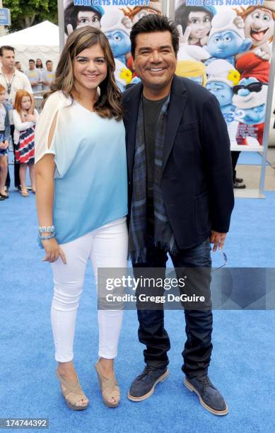 Actor George Lopez and daughter Mayan Lopez arrive at the Los Angeles premiere of "Smurfs 2" at Regency Village Theatre on July 28, 2013 in Westwood,...