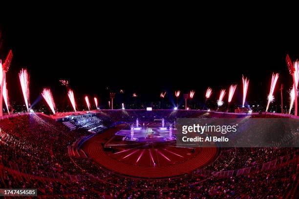 Fireworks explode during the opening ceremony of the Santiago 2023 Pan Am Games at Estadio Nacional Julio Martínez Prádanos on October 20, 2023 in...