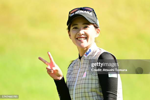 Kana Nagai of Japan poses on the 3rd hole during the third round of NOBUTA Group Masters GC Ladies at Masters Golf Club on October 21, 2023 in Miki,...