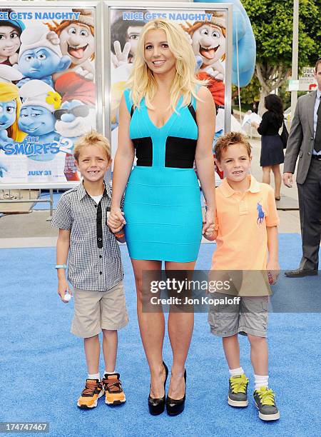 Singer Britney Spears, son Sean Federline and son Jayden Federline arrive at the Los Angeles Premiere "Smurfs 2" at Regency Village Theatre on July...