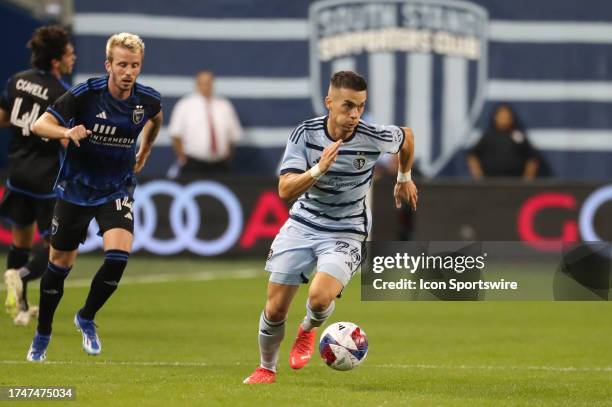 Sporting Kansas City midfielder Erik Thommy leads a break away in the second half of an MLS playoff match between the San Jose Earthquakes and...