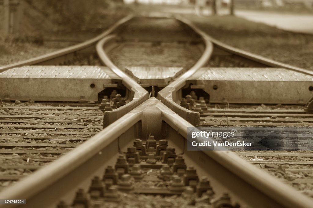 The joining of two railroads tracks into one