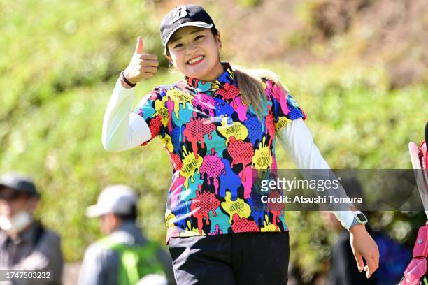 Shiho Kuwaki of Japan gives a thumb up after saving a par on the 3rd green during the third round of NOBUTA Group Masters GC Ladies at Masters Golf...