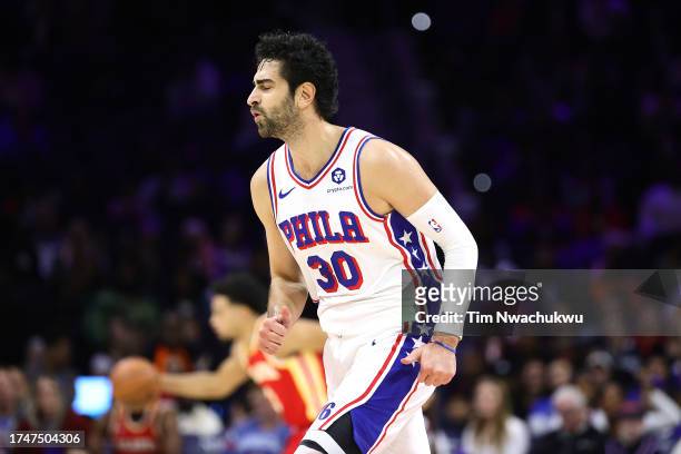 Furkan Korkmaz of the Philadelphia 76ers reacts during the fourth quarter against the Atlanta Hawks at the Wells Fargo Center on October 20, 2023 in...