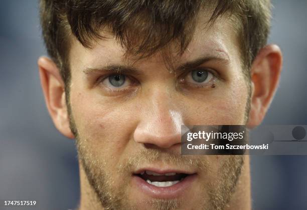 The intense gaze of Bryce Harper of the Washington Nationals as he warms up during batting practice before the start of MLB game action against the...
